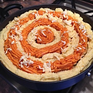 Pipe sweet and yukon mashed potatoes on top 