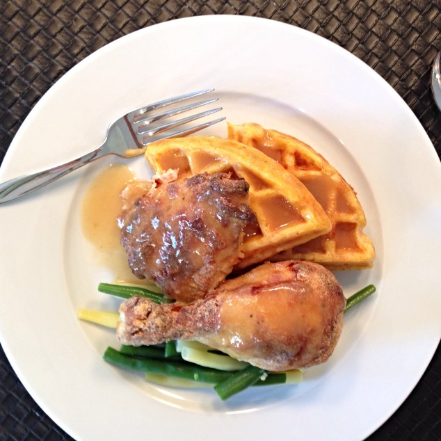 Baked Fried Chicken and Pumpkin Herbed Cheddar Waffles with Maple Gravy