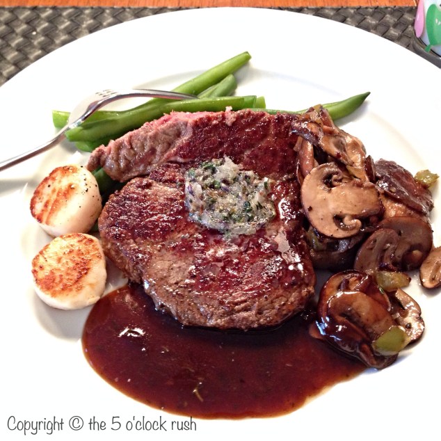 Pan Seared Steak with Lavender Butter, Scallops and Mushrooms