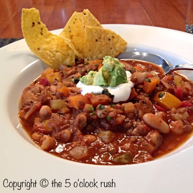 Homemade Vegetarian Chili with toppings