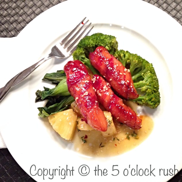 Honey Glazed Chicken Cigars with Bok Choy, Broccoli and Saute Pineapple