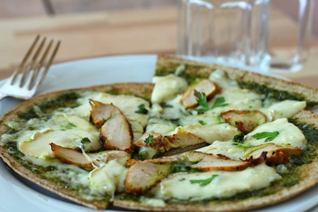 Whole Wheat Flatbread Pizza with BBQ Chicken, Brie and Pesto Sauce