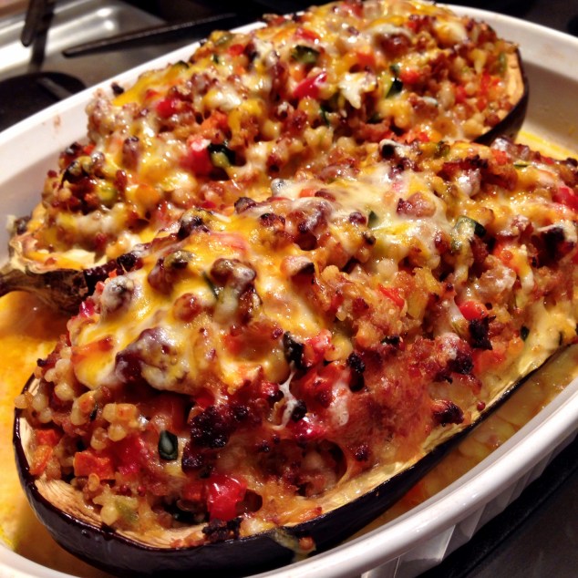 Eggplant Stuffed with Italian Sausage, Couscous and Vegetables