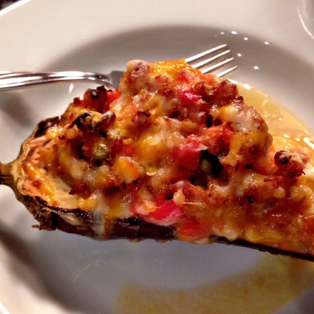 Eggplant Stuffed with Italian Sausage, Couscous and Vegetables