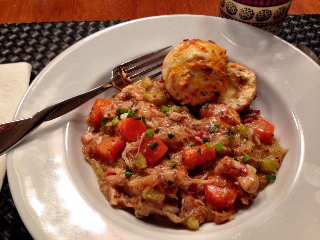Chicken Stew with Bacon, Cheddar and Dill Biscuits
