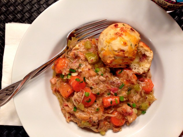 Chicken Stew with Bacon, Cheddar and Dill Biscuits