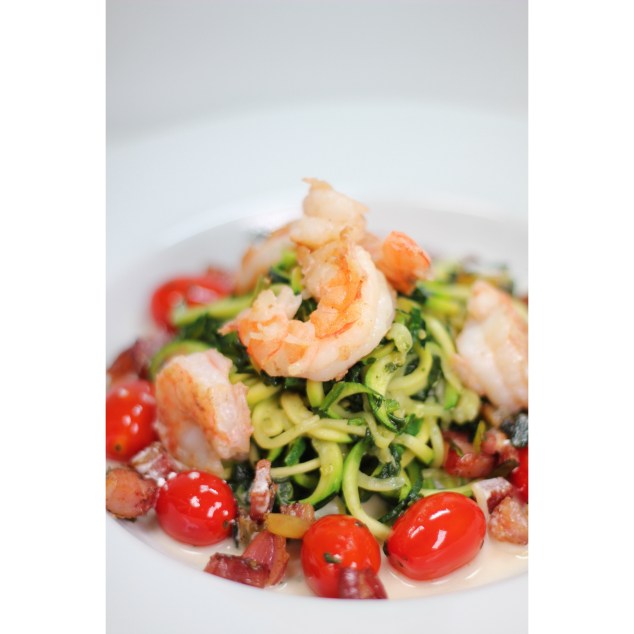 Zucchini "Pasta" with Shrimp, Pancetta, Cherry Tomato served on a Goat Cheese Lemon Shrimp Broth