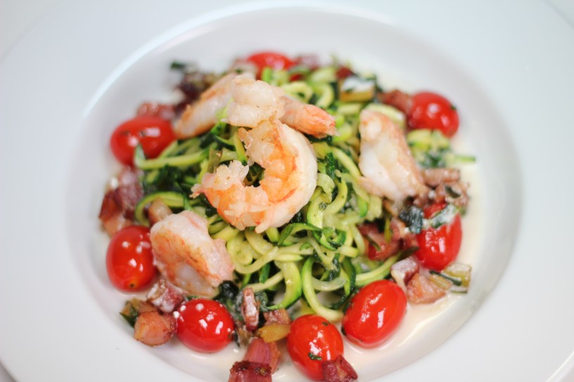 Zucchini "Pasta" with Shrimp, Pancetta, Cherry Tomato served on a Goat Cheese Lemon Shrimp Broth